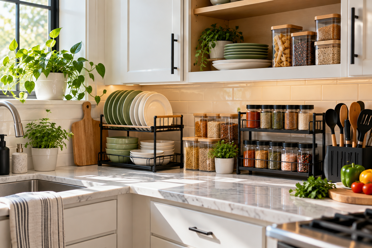 Organized kitchen with dishes, spice storage, utensils, and practical kitchen organizers