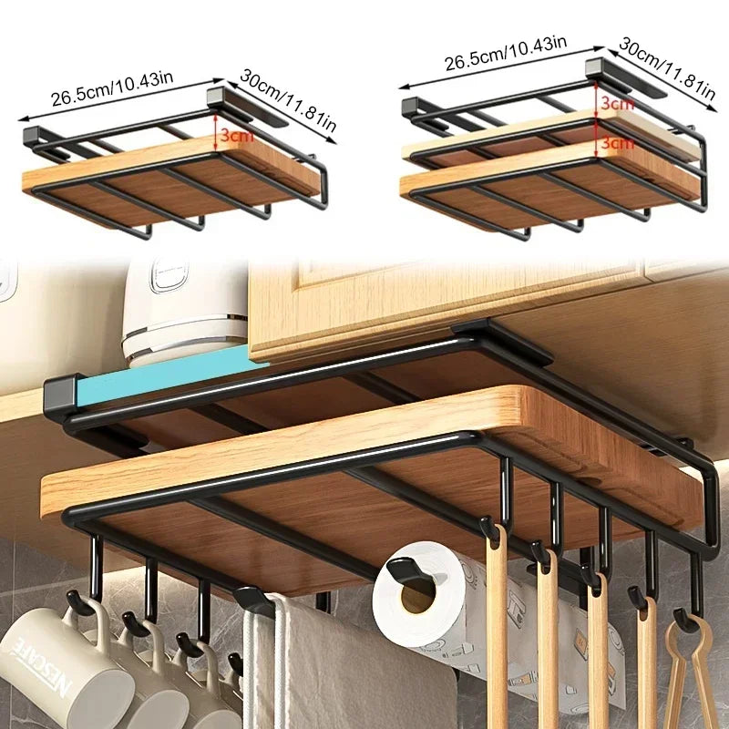 OQELVI Under-Cabinet Kitchen Organizer Rack with Hooks