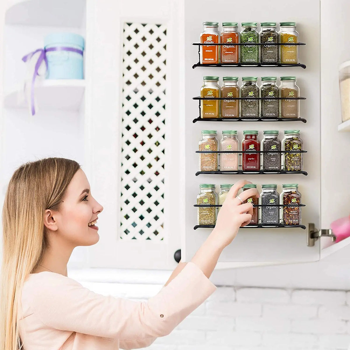 OQELVI wall-mounted spice rack holding spice jars for organized kitchen storage