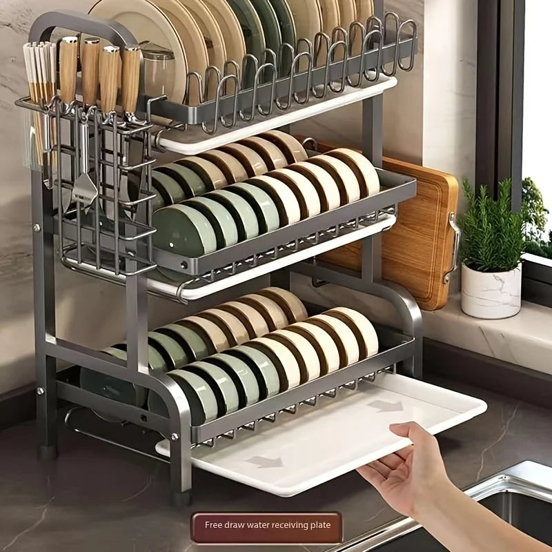 OQELVI kitchen organizer rack with built-in drainage tray
