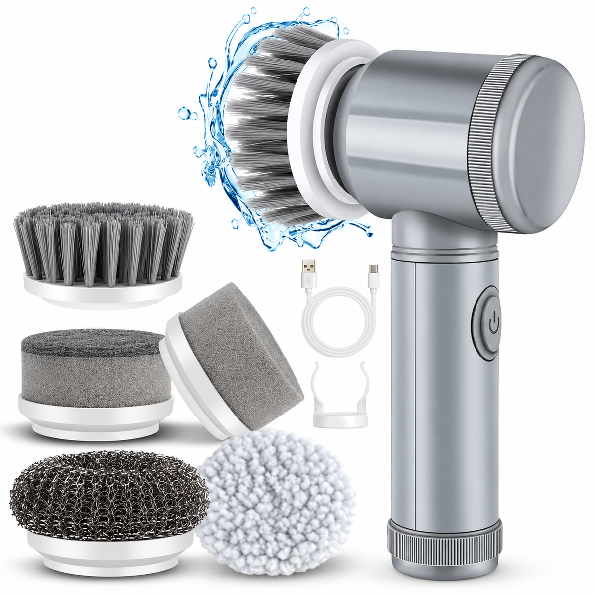 OQELVI cordless spin scrubber with five interchangeable brush heads on a clean white background