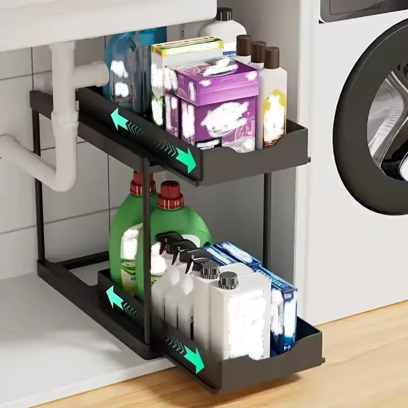 OQELVI black 2-tier under sink organizer holding cleaning supplies and household essentials
