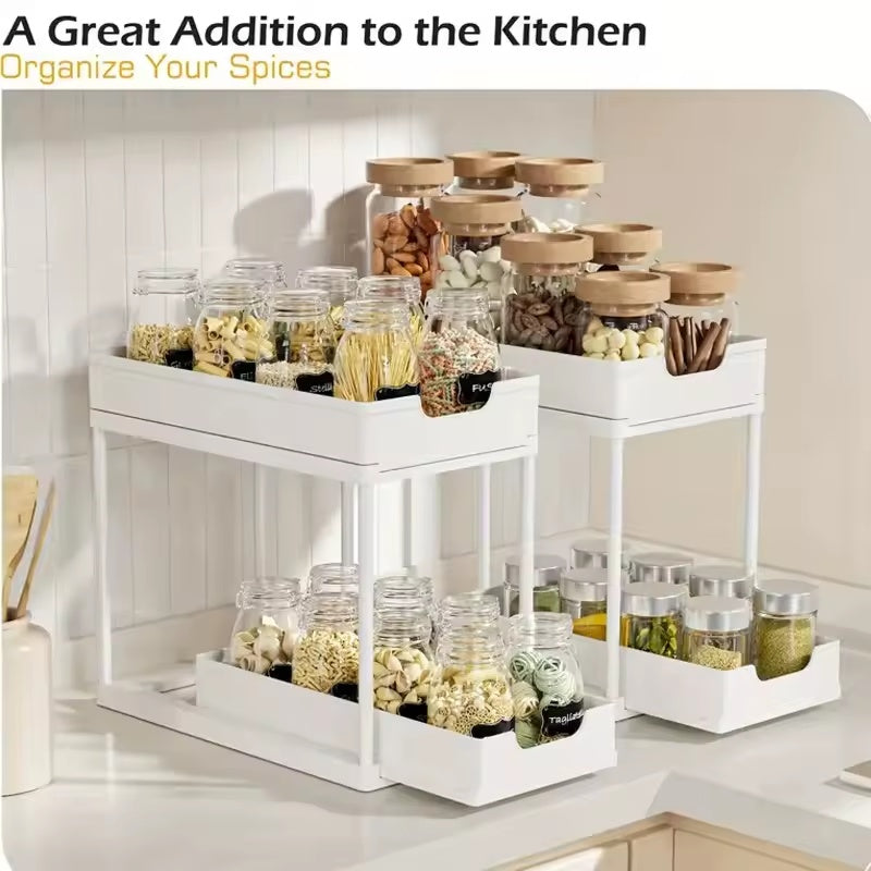 OQELVI 2-tier pull-out under sink organizer dimensions and sliding storage design