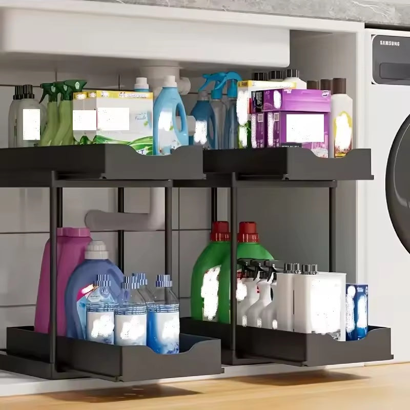 OQELVI 2-tier pull-out under sink organizer in black for kitchen and bathroom storage