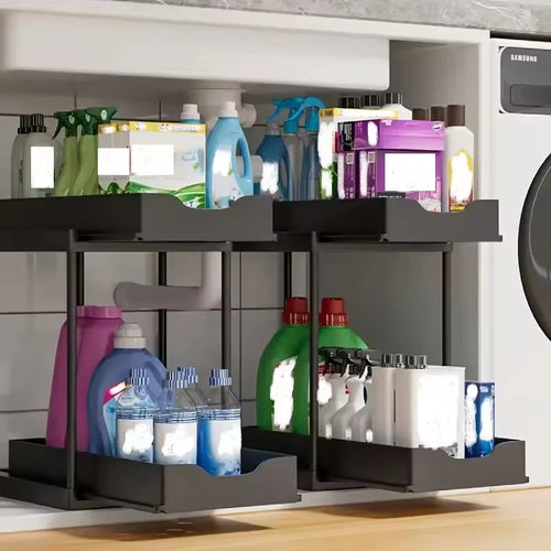 OQELVI 2-tier pull-out under sink organizer in black for kitchen and bathroom storage