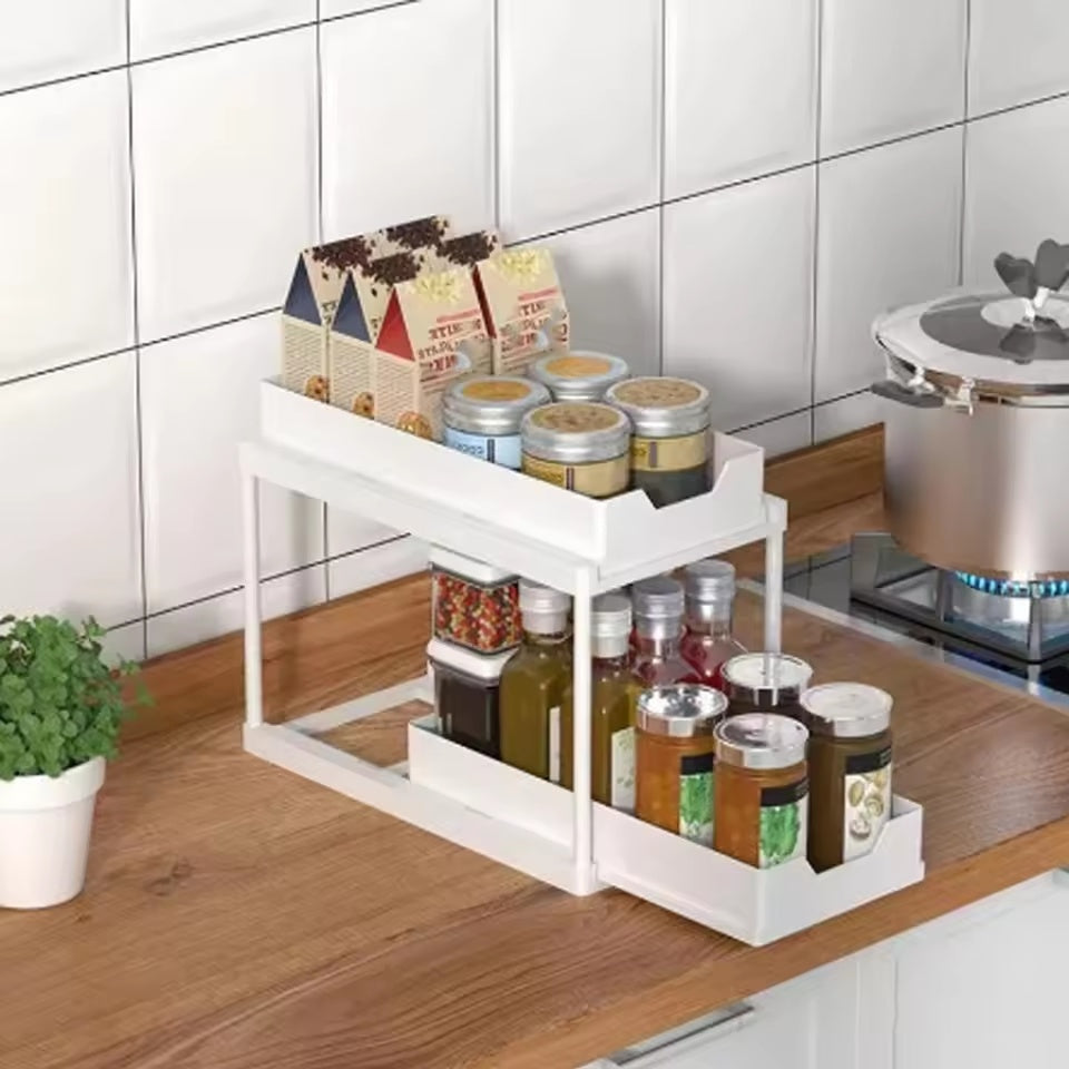 OQELVI 2-tier sliding under sink cabinet organizer with pull-out drawers